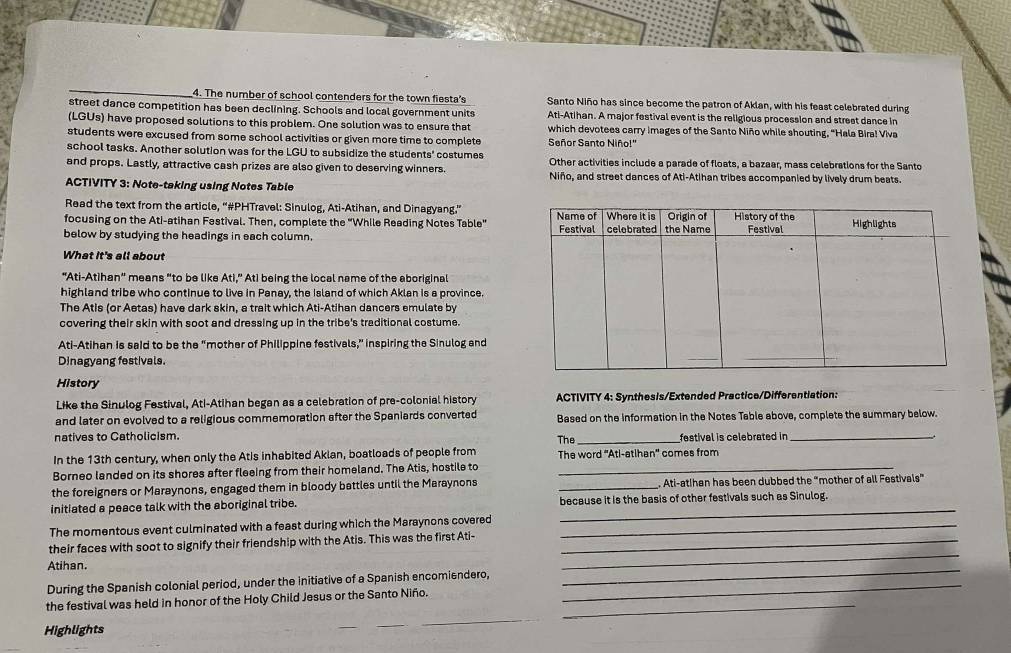 The number of school contenders for the town fiesta’s Santo Niño has since become the patron of Aklan, with his feast celebrated during
street dance competition has been declining. Schools and local government units Ati-Atihan. A major festival event is the religious procession and street dance in
(LGUs) have proposed solutions to this problem. One solution was to ensure that which devotees carry images of the Santo Niño while shouting, “Hala Bira! Viva
students were excused from some school activitias or given more time to complete Señor Santo Niño!'
school tasks. Another solution was for the LGU to subsidize the students' costumes Other activities include a parade of floats, a bazaar, mass celebrations for the Santo
and props. Lastly, attractive cash prizes are also given to deserving winners. Niño, and street dances of Ati-Atihan tribes accompanied by lively drum beats.
ACTIVITY 3: Note-taking using Notes Table
Read the text from the article, “#PHTravel: Sinulog, Ati-Atihan, and Dinagyang.”
focusing on the Ati-atihan Fastival. Then, complete the “While Reading Notes Table”
below by studying the headings in each column. 
What it's all about
“Ati-Atihan” means “to be like Ati,” Ati being the local name of the aboriginal
highland tribe who continue to live in Panay, the Island of which Aklan is a province.
The Atis (or Aetas) have dark skin, a trait which Ati-Atihan dancers emulate by
covering their skin with soot and dressing up in the tribe's traditional costume.
Ati-Atihan is said to be the “mother of Philippine festivals,” inspiring the Sinulog and
Dinagyang festivals.
History
Like the Sinulog Festival, Ati-Atihan began as a celebration of pre-colonial history ACTIVITY 4: SynthesIs/Extended Practice/Differentiation:
and later on evolved to a religious commemoration after the Spaniards converted Based on the information in the Notes Table above, complete the summary below.
natives to Catholicism. festival is celebrated in
In the 13th century, when only the Atis inhabited Aklan, boatloads of people from The The word ''Ati-atihan'' comes from
Borneo landed on its shores after fleeing from their homeland. The Atis, hostile to_
the foreigners or Maraynons, engaged them in bloody battles until the Maraynons _. Ati-atihan has been dubbed the “mother of all Festivals”
_
initiated a peace talk with the aboriginal tribe. because it is the basis of other festivals such as Sinulog.
The momentous event culminated with a feast during which the Maraynons covered_
_
their faces with soot to signify their friendship with the Atis. This was the first Ati-_
_
Atihan.
During the Spanish colonial period, under the initiative of a Spanish encomiendero,_
_
the festival was held in honor of the Holy Child Jesus or the Santo Niño.
Highlights
_