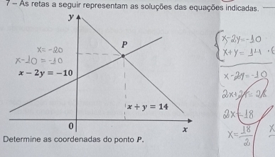 As retas a seguir representam as soluções das equações indicadas.
Determine as coordenadas do ponto P.