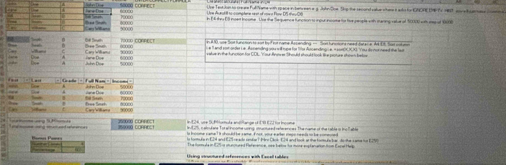 Lre atetcalculate t ull (ame in U
A Jghes Do# 50000 CCIRRECT Use TextJoin to create Full Name with space in between e.g. John Doe. Skip the second value where it asks for IGNORE EMPTY, HST, aw wlh us nake comm 
Use Autofill to complete rest of rows Row D5 thru D8
d a tine Else 60000 70000
a In E4 thru E8 insert Income. Use the Sequence function to input income for five people with starting value of 50000 with eree it 10000
Corehup Biae Smth 80000
0 Cary Williams 90000
B Bill Smyth 70000 CORRECT In A10, use Sort funcrion to sort by First name Ascending - Sort functions need dara Le. A4:E8, Sort column
Seridls . Bree Smith 60000 i, e 1 and sort order i. e. Ascending you will type for 1for Ascending i.e. = sort(X.X,X). You do not need the last
C C Cary Williams 90000 value in the function for COL. Your Answer Should should look like picture shown below
Jaca Cse A Jane Doe 60000
Doe A John Doe 50000
26 To ak nome using SuM tor ta 350000 CORRECT In E24, use SUM formula and Flange of E18. E22 for Income
Tatal tocoee nong souoneed references 350000 CORRECT In E25, calculate Total Income using structured references The name of the table is IncTable
79 Is Income same? It should be same, if not, your earlier steps needs to be corrected
Is formula in E24 and E25 reads similar? (Hint Click: E24 and look at the formula bar, do the same for E25!)
Bonus Points The formula in E25 is sturctured Reference, see below for more explanation from Excel Help
Interage 80
Using structured references with Excel tables