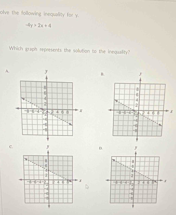 olve the following inequality for y.
-4y>2x+4
Which graph represents the solution to the inequality? 
A. 
B. 

C. 
D