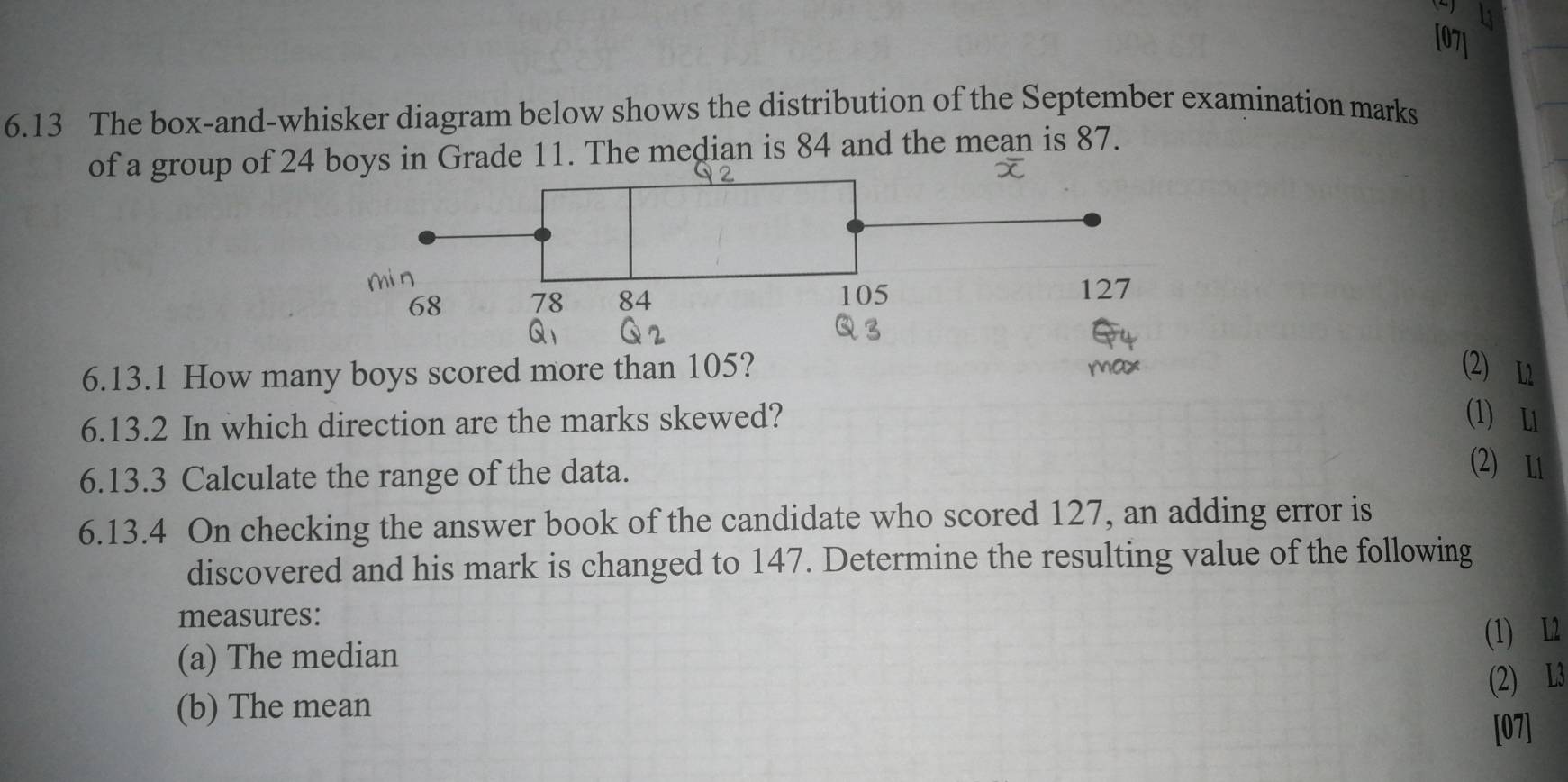 6.13 The box-and-whisker diagram below shows the distribution of the September examination marks 
of a group of 24de 11. The median is 84 and the mean is 87. 
6.13.1 How many boys scored more than 105? (2) L1
6.13.2 In which direction are the marks skewed? 
(1) L
6.13.3 Calculate the range of the data. 
(2) L1
6.13.4 On checking the answer book of the candidate who scored 127, an adding error is 
discovered and his mark is changed to 147. Determine the resulting value of the following 
measures: 
(1) L2
(a) The median 
(2) L3
(b) The mean [07]