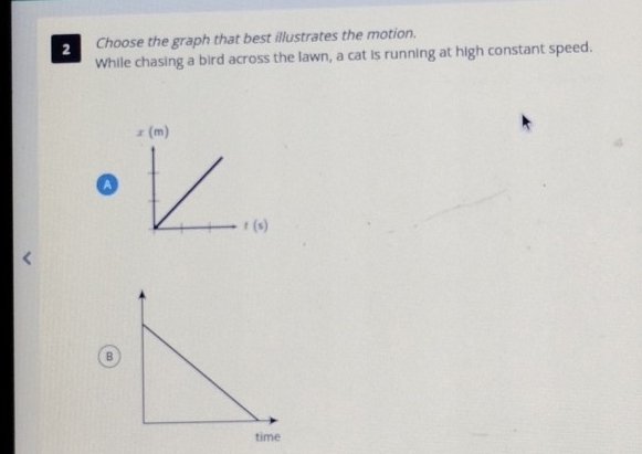 Choose the graph that best illustrates the motion.
While chasing a bird across the lawn, a cat is running at high constant speed.
a
B