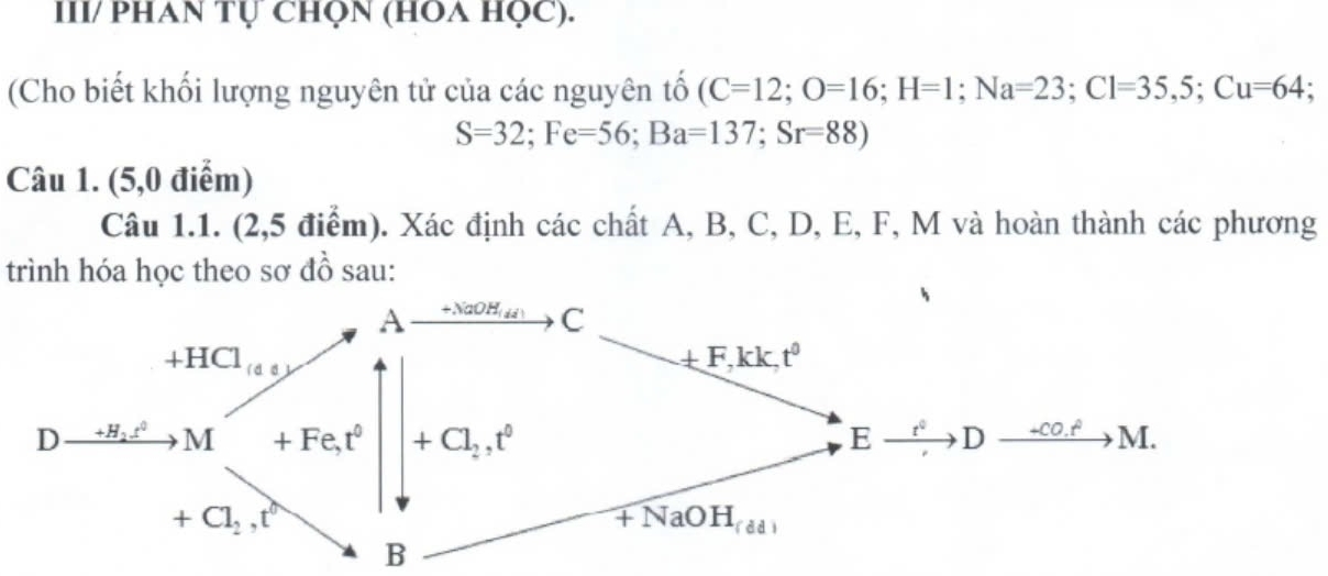 III/ PhAN TỤ ChọN (hOA họC).
(Cho biết khối lượng nguyên tử của các nguyên tố (C=12;O=16;H=1;Na=23;Cl=35,5;Cu=64
S=32;Fe=56;Ba=137;Sr=88)
Câu 1. (5,0 điểm)
Câu 1.1. (2,5 điểm). Xác định các chất A, B, C, D, E, F, M và hoàn thành các phương
trình hóa học theo sơ đồ sau: