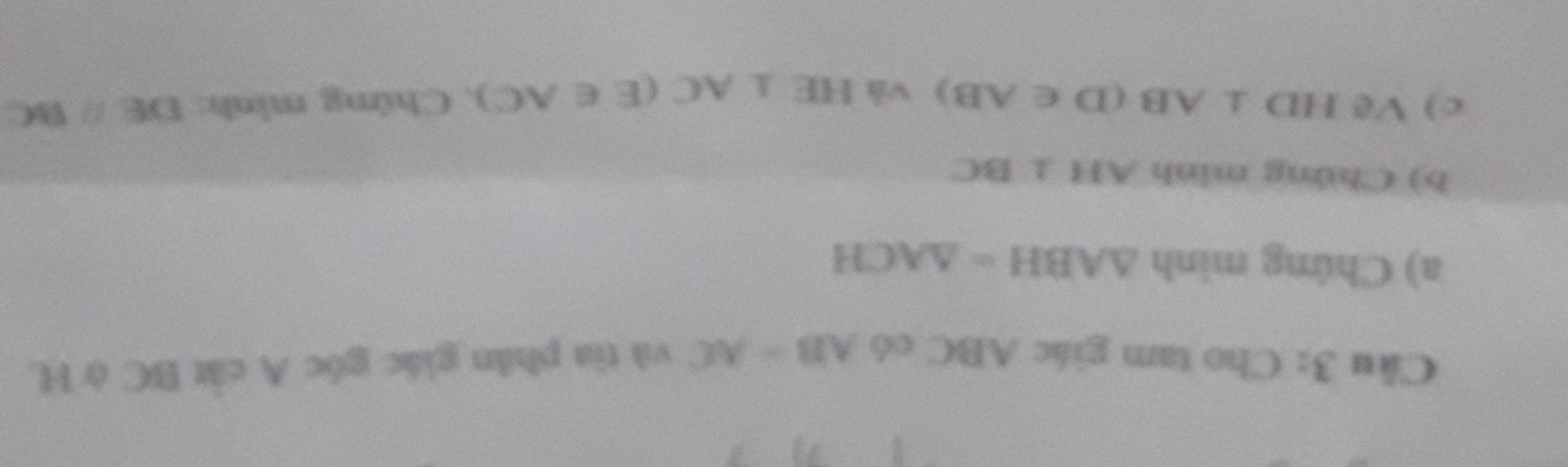 Cho tam giác ABC có AB=AC và tia phân giác góc A cật BC ở H, 
a) Chứng minh △ ABH=△ ACH
b) Chứng minh AH⊥ BC
c) Vệ HD⊥ AB(D∈ AB) và HE⊥ AC(E∈ AC). Chứng minh: DEparallel BC