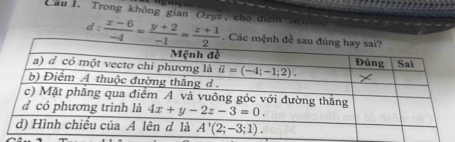 Cầu 1. Trong không gian Oxyz, cho điểm
d :  (x-6)/-4 = (y+2)/-1 = (z+1)/2 