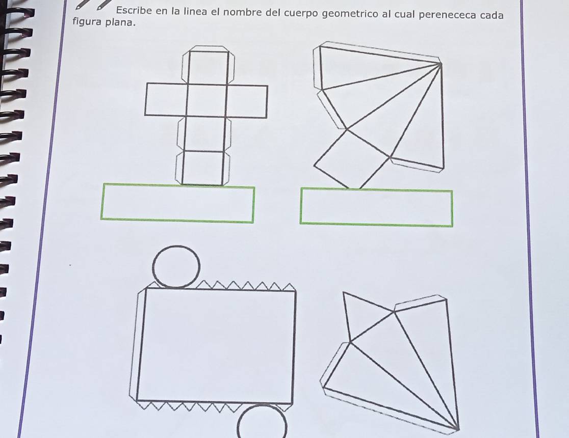 Escribe en la linea el nombre del cuerpo geometrico al cual perenececa cada 
figura plana.