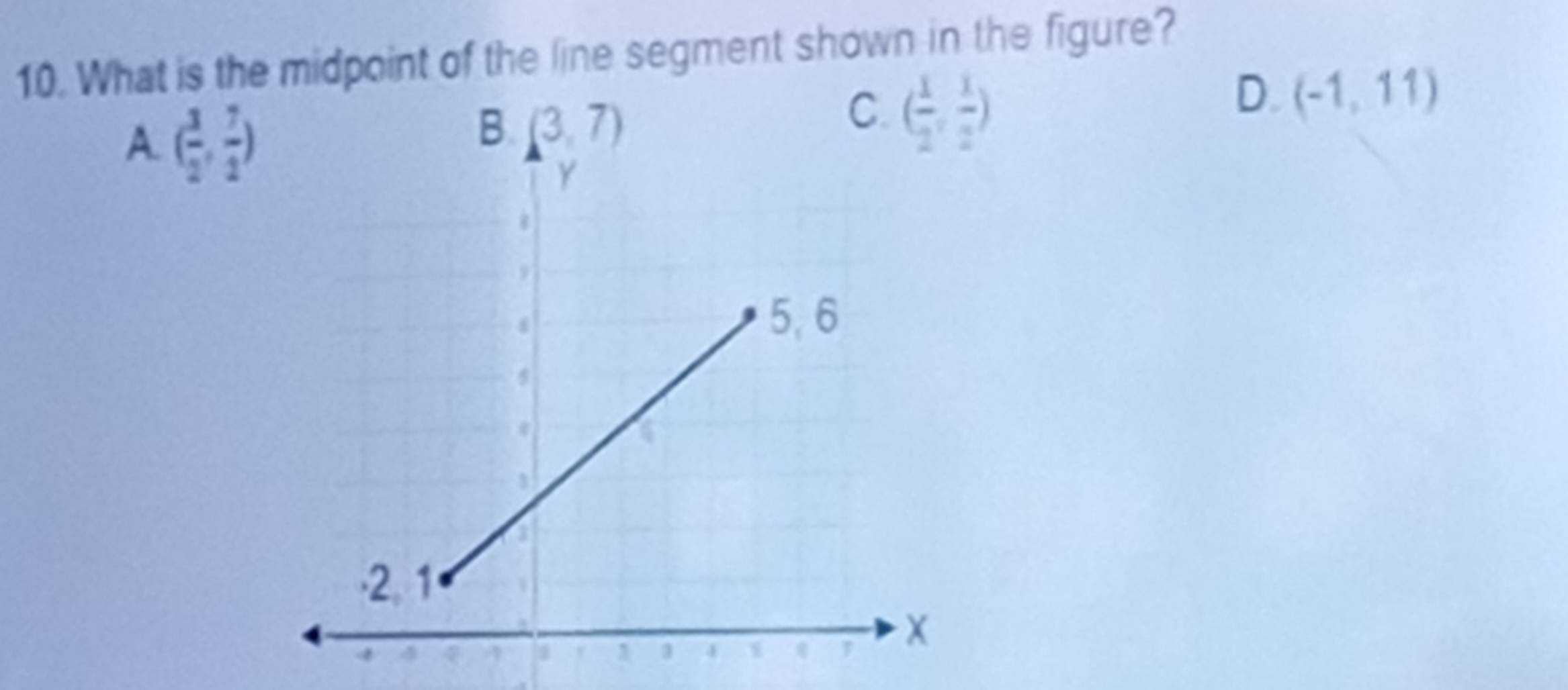 What is the midpoint of the line segment shown in the figure?
D. (-1,11)
A. ( 3/2 , 7/2 )
( 1/2 , 1/2 )