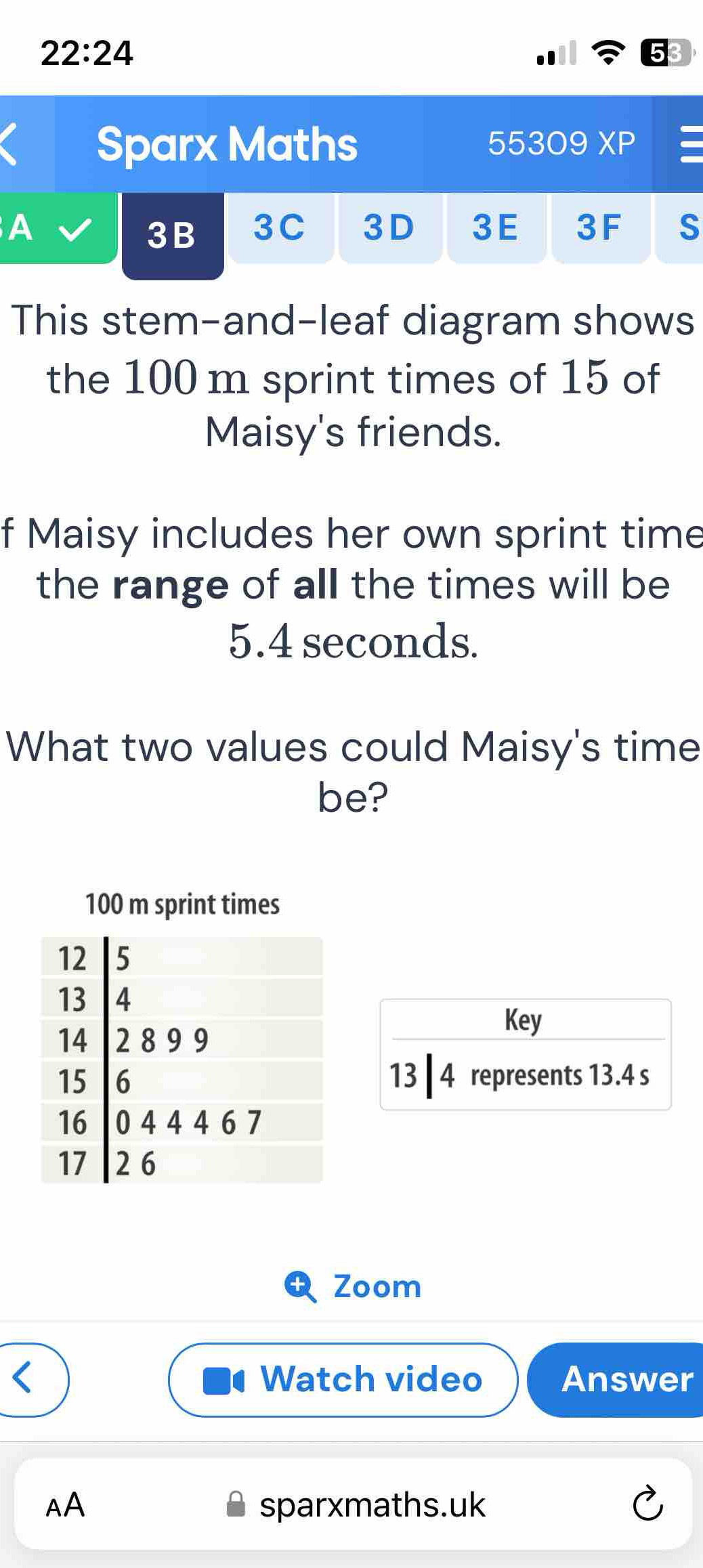 Solved: 22:24 Sparx Maths 55309XP A 3B 3C 3D 3E 3F S This stem-and-leaf ...