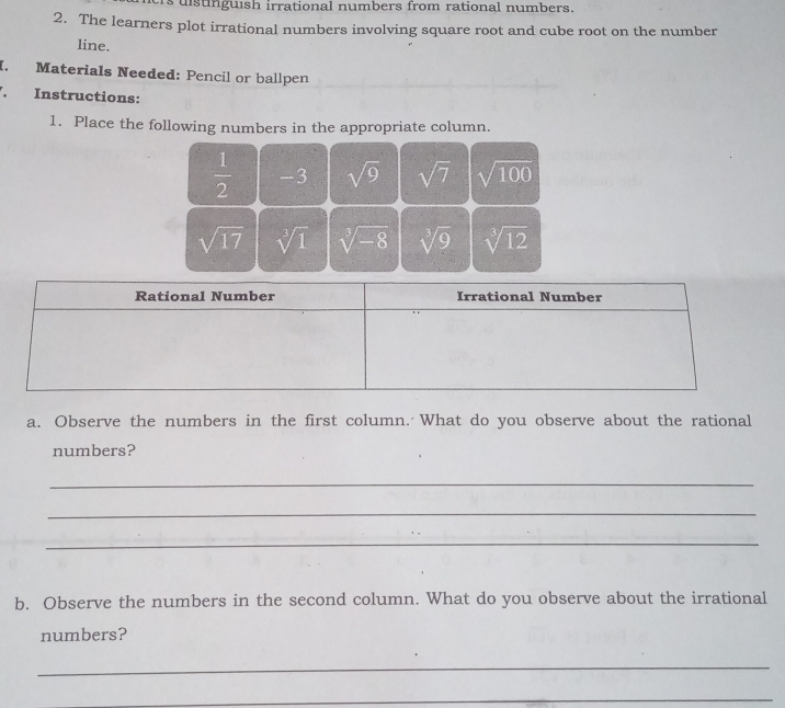 distinguish irrational numbers from rational numbers. 
2. The learners plot irrational numbers involving square root and cube root on the number 
line. 
I. Materials Needed: Pencil or ballpen 
. Instructions: 
1. Place the following numbers in the appropriate column.
 1/2  -3 sqrt(9) sqrt(7) sqrt(100)
sqrt(17) sqrt[3](1) sqrt[3](-8) sqrt[3](9) sqrt[3](12)
a. Observe the numbers in the first column. What do you observe about the rational 
numbers? 
_ 
_ 
_ 
b. Observe the numbers in the second column. What do you observe about the irrational 
numbers? 
_ 
_