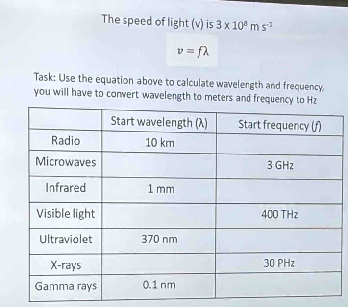 The speed of light (v) is 3* 10^8ms^(-1)
v=flambda
Task: Use the equation above to calculate wavelength and frequency, 
you will have to convert wavelength to meters and frequ