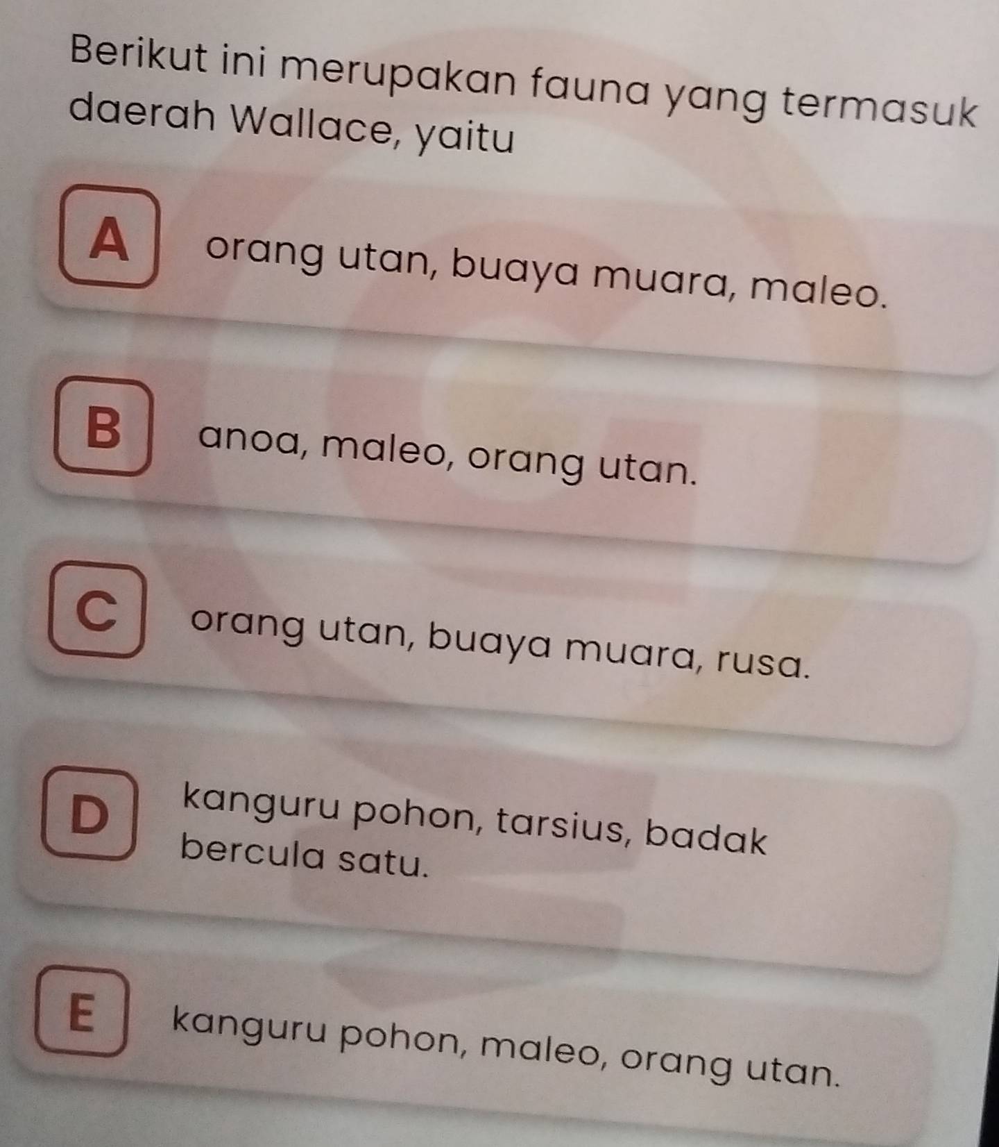 Berikut ini merupakan fauna yang termasuk
daerah Wallace, yaitu
A orang utan, buaya muara, maleo.
B anoa, maleo, orang utan.
C orang utan, buaya muara, rusa.
D
kanguru pohon, tarsius, badak
bercula satu.
E kanguru pohon, maleo, orang utan.