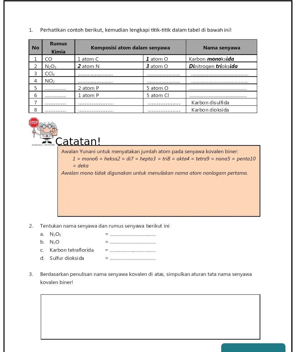 Perhatikan contoh berikut, kemudian lengkapi titik-titik dalam tabel di bawah ini!
STO
Catatan!
Awalan Yunani untuk menyatakan jumlah atom pada senyawa kovalen biner:
1=mono6=heksa2=di7= hepta 3=tri8=okta4=tetra9=nona5= penta10
=deka
Awalan mono tidak digunakan untuk menuliskan nama atom nonlogam pertama.
2. Tentukan nama senyawa dan rumus senyawa berikut ini:
a. N_2O_5 、_
b. N_2O
_=
c. Karbon tetraflorida =_
d. Sulfur dioksida =_
3. Berdasarkan penulisan nama senyawa kovalen di atas, simpulkan aturan tata nama senyawa
kovalen biner!