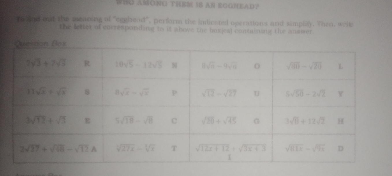 WHO AMONG THEM IS AN EGGHEAD?
To fnd out the meaning of "egghead”, perform the indiested operations and simplify. Then, wrile
the letter of corresponding to it above the boxies) containing the answer.