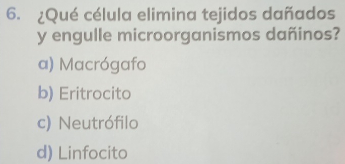 ¿Qué célula elimina tejidos dañados
y engulle microorganismos dañinos?
a) Macrógafo
b) Eritrocito
c) Neutrófilo
d) Linfocito