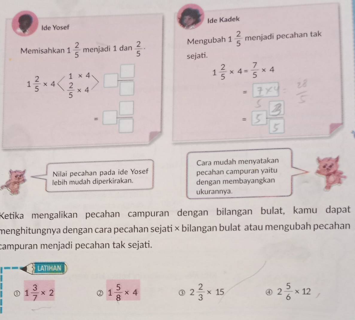 Ide Yosef Ide Kadek
Memisahkan 1 2/5  menjadi 1 dan  2/5 · Mengubah 1 2/5  menjadi pecahan tak
sejati.
1 2/5 * 4 □  □ /□  
1 2/5 * 4= 7/5 * 4
=□  □ /□  
Cara mudah menyatakan
Nilai pecahan pada ide Yosef pecahan campuran yaitu
lebih mudah diperkirakan. dengan membayangkan
ukurannya.
Ketika mengalikan pecahan campuran dengan bilangan bulat, kamu dapat
menghitungnya dengan cara pecahan sejati × bilangan bulat atau mengubah pecahan
campuran menjadi pecahan tak sejati.
LATIHAN
① 1 3/7 * 2
② 1 5/8 * 4
③ 2 2/3 * 15
④ 2 5/6 * 12