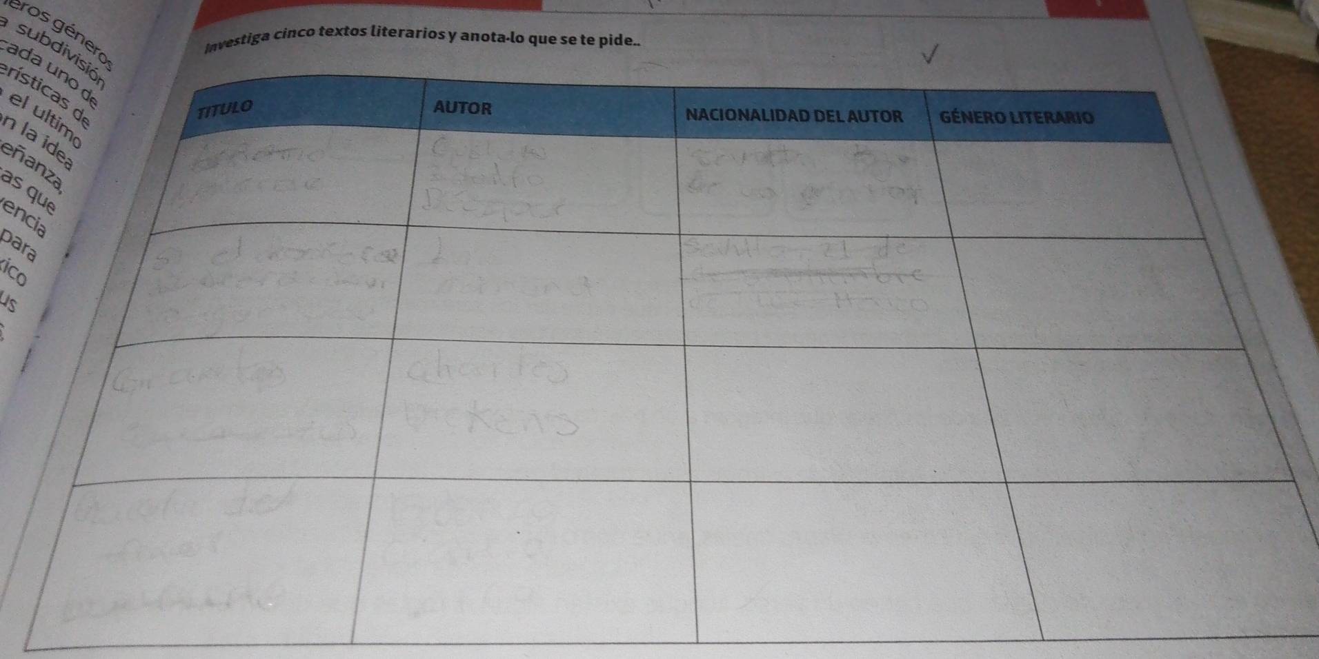 éros géne 
Investiga cinco textos literarios y anota-lo que se te pide.. 
subd 
ad 
rís 
el 
n laeña 
as 
enc 
par 
ico 
us