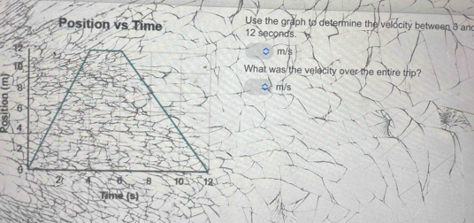 Position vs Time Use the graph to determine the velocity between 8 and
12 seconds. 
。 m/$
What was the velecity over the entire trip?
m/s
: 
Time (s)