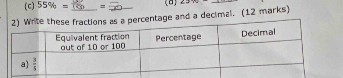 55% = = (a) 25% - _
tage and a decimal. (12 marks)