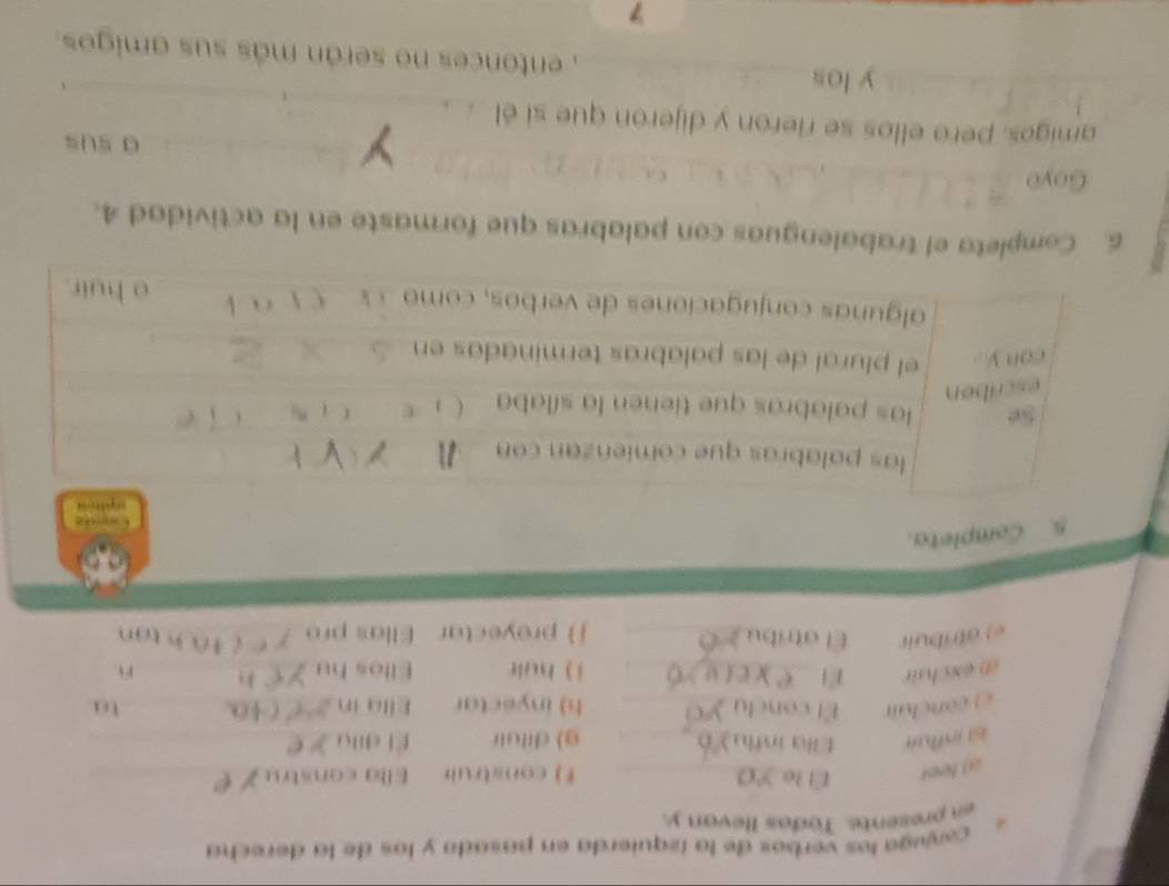 ajuga los verbos de la ízquierda en pasada y los de la derecha 
en presente. Todos llevan y. 
a feer E o_ f) construi Ella constru_ 
6 influa U la inth g) diluir Él dilu 
e concian El con h) inyectar Ella in_ tú 
a exchair 1 1_ 
i ) huir Ellos hu_ n 
e atribuir E atribu_ ) proyectar Ellas pro_ 
5. Completa. 
Cay de 
6 Completa el trabalenguas con palabras que formaste en la actividad 4. 
Goyo_ 
_ 
_ 
a sus 
_ 
amigos, pero ellos se rieron y dijeron que si él 
_y los_ , entonces no serán más sus amigos. 
7