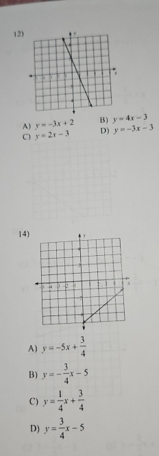 12
A) y=-3x+2 B) y=4x-3
C) y=2x-3 D) y=-3x-3
14
A) y=-5x+ 3/4 
B) y=- 3/4 x-5
C) y= 1/4 x+ 3/4 
D) y= 3/4 x-5