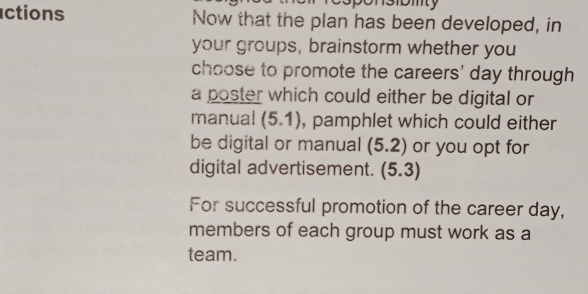 ctions Now that the plan has been developed, in 
your groups, brainstorm whether you 
choose to promote the careers' day through 
a poster which could either be digital or 
manual (5.1) , pamphlet which could either 
be digital or manual (5.2) or you opt for 
digital advertisement. (5.3)
For successful promotion of the career day, 
members of each group must work as a 
team.