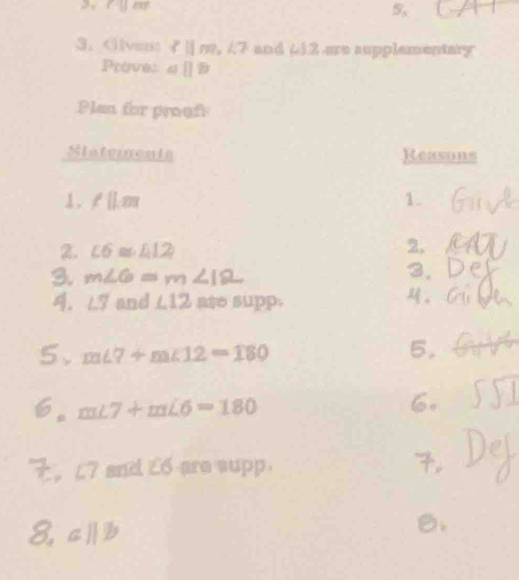 5, 
3. $ 1m, ∠ 7 and 612 are supplementary 
Petrvas aparallel b
Plan for prouf 
Siatements Reasons 
1. ∠ ILm 1. 
2. ∠ 6≌ ∠ 12
2, 
3. m∠ G=
4. ∠ 3 and ∠ 12 s supp. 
5、 m∠ 7+m∠ 12=180
5. 
6. m∠ 7+m∠ 6=180
6.
7 and £6 are supp.