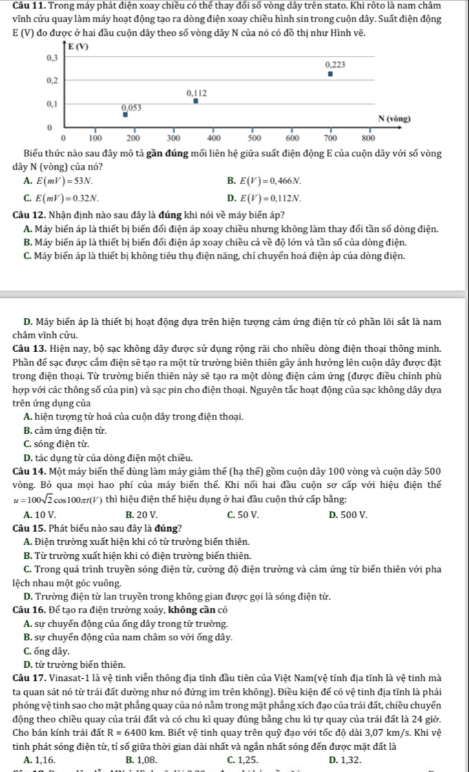 Trong máy phát điện xoay chiều có thể thay đối số vòng dây trên stato. Khi rôto là nam châm
vĩnh cửu quay làm máy hoạt động tạo ra dòng điện xoay chiều hình sin trong cuộn dây. Suất điện động
E (V) đo được ở hai đầu cuộn dây theo số vòng dây N của nó có đồ thị như Hình vẽ.
Biểu thức nào sau đây mô tả gần đúng mối liên hệ giữa suất điện động E của cuộn dây với số vòng
dây N (vòng) của nó?
A. E(mV)=53N. B. E(V)=0,466N.
C. E(mV)=0.32N. D. E(V)=0,112N.
Câu 12. Nhận định nào sau đây là đúng khi nói về máy biến áp?
A. Máy biến áp là thiết bị biến đổi điện áp xoay chiều nhưng không làm thay đổi tần số dòng điện.
B. Máy biến áp là thiết bị biến đổi điện áp xoay chiều cả về độ lớn và tần số của dòng điện.
C. Máy biến áp là thiết bị không tiêu thụ điện năng, chỉ chuyến hoá điện áp của dòng điện.
D. Máy biến áp là thiết bị hoạt động dựa trên hiện tượng cảm ứng điện từ có phần lõi sắt là nam
châm vĩnh cửu.
Câu 13. Hiện nay, bộ sạc không dây được sử dụng rộng rãi cho nhiều dòng điện thoại thông minh.
Phần đế sạc được cẩm điện sẽ tạo ra một từ trường biên thiên gây ảnh hưởng lên cuộn dây được đặt
trong điện thoại. Từ trường biến thiên này sẽ tạo ra một dòng điện cảm ứng (được điều chỉnh phù
hợp với các thông số của pin) và sạc pin cho điện thoại. Nguyên tắc hoạt động của sạc không dây dựa
trên ứng dụng của
A. hiện tượng từ hoá của cuộn dây trong điện thoại.
B. cảm ứng điện từ.
C. sóng điện từ.
D. tác dụng từ của dòng điện một chiều.
Câu 14. Một máy biến thế dùng làm máy giảm thế (hạ thế) gồm cuộn dây 100 vòng và cuộn dây 500
vòng. Bỏ qua mọi hao phí của máy biến thế. Khi nối hai đầu cuộn sơ cấp với hiệu điện thế
u=100sqrt(2) cos100π(V) thì hiệu điện thế hiệu dụng ở hai đầu cuộn thứ cấp bằng:
A. 10 V. B. 20 V. C. 50 V. D. 500 V.
Câu 15. Phát biểu nào sau đây là đúng?
A. Điện trường xuất hiện khi có từ trường biến thiên.
B. Từ trường xuất hiện khi có điện trường biến thiên.
C. Trong quá trình truyền sóng điện từ, cường độ điện trường và cảm ứng từ biến thiên với pha
lệch nhau một góc vuông.
D. Trường điện từ lan truyền trong không gian được gọi là sóng điện từ.
Cầu 16. Để tạo ra điện trường xoáy, không cần có
A. sự chuyến động của ống dây trong từ trường.
B. sự chuyển động của nam châm so với ống dây.
C. ống dây.
D. từ trường biến thiên.
Câu 17. Vinasat-1 là vệ tinh viễn thông địa tĩnh đầu tiên của Việt Nam(vệ tính địa tĩnh là vệ tinh mà
ta quan sát nó từ trái đất dường như nó đứng im trên không). Điều kiện để có vệ tinh địa tĩnh là phải
phóng vệ tinh sao cho mặt phẳng quay của nó nằm trong mặt phẳng xích đạo của trái đất, chiều chuyến
động theo chiều quay của trái đất và có chu kì quay đúng bằng chu kì tự quay của trái đất là 24 giờ.
Cho bán kính trái đất R=6400kr m. Biết vệ tinh quay trên quỹ đạo với tốc độ dài 3,07 km/s. Khi vệ
tinh phát sóng điện từ, tỉ số giữa thời gian dài nhất và ngắn nhất sóng đến được mặt đất là
A. 1,16. B. 1,08. C. 1,25. D. 1,32.