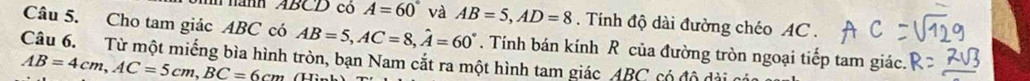 bnh hành ABCD có A=60° và AB=5, AD=8. Tính độ dài đường chéo AC. 
Câu 5. Cho tam giác ABC có AB=5, AC=8, hat A=60°. Tính bán kính R của đường tròn ngoại tiếp tam giác. 
Câu 6. Từ một miếng bìa hình tròn, bạn Nam cắt ra một hình tam giác ABC đ ó đô dài
AB=4cm, AC=5cm, BC=6cm