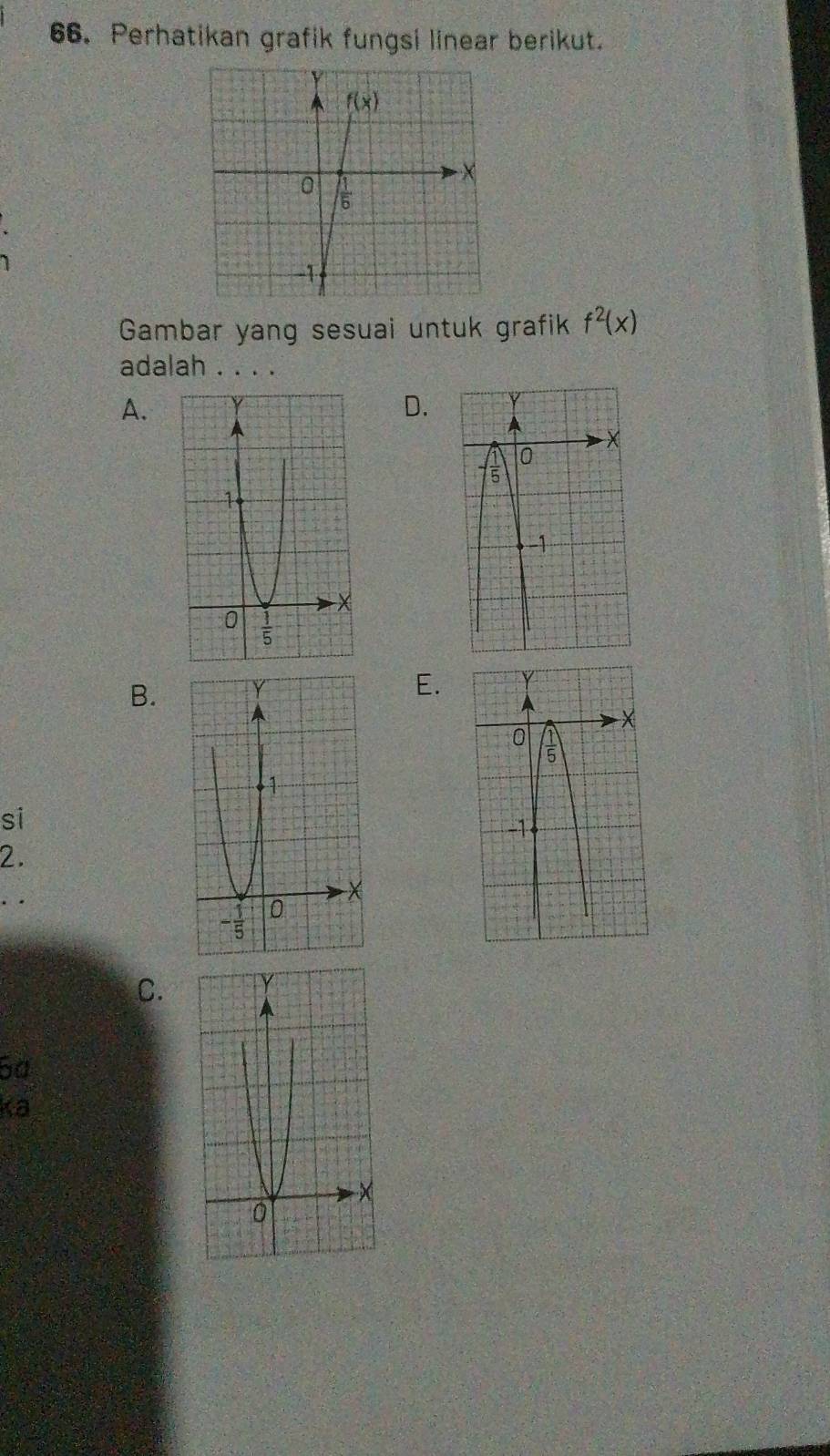 Perhatikan grafik fungsi linear berikut.
Gambar yang sesuai untuk grafik f^2(x)
adalah . . . .
A.
D.
B.
E.
si
2.
. .
C. 
5ª
ka