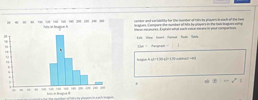 20 40 60 center and variability for the number of hits by players in each of the two 
hits in league A leagues. Compare the number of hits by players in the two leagues using 
these measures. Explain what each value means in your comparison. 
Edit View Insert Format Tools Table 
12pt Paragraph : 
league Aq1=130q3=170 subtract =40
p 
manustatistics for the number of hits by players in each league.