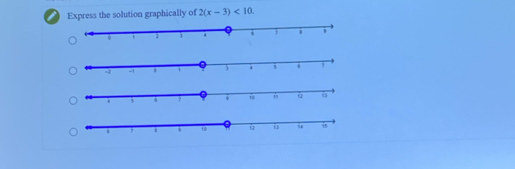 Express the solution graphically of 2(x-3)<10</tex>.