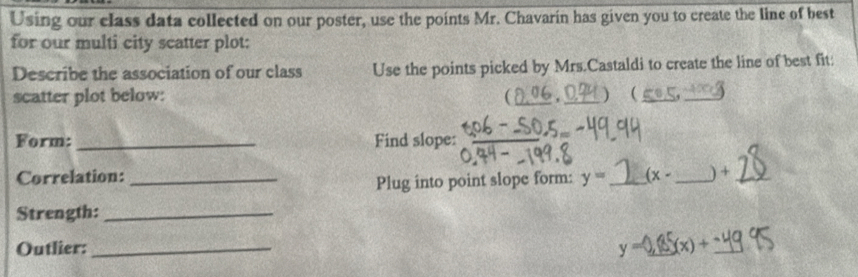 Using our class data collected on our poster, use the points Mr. Chavarin has given you to create the line of best 
for our multi city scatter plot: 
Describe the association of our class Use the points picked by Mrs.Castaldi to create the line of best fit: 
scatter plot below: C __)  __ 
Form:_ Find slope: 
Correlation: _ y= _ (x- _) +_ 
Plug into point slope form: 
Strength:_ 
Outlier: _ y= _ (x)+ _