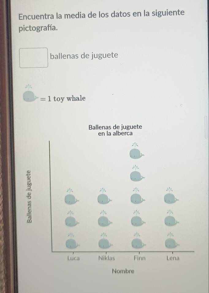 Encuentra la media de los datos en la siguiente 
pictografía. 
ballenas de juguete 
=1 toy whale