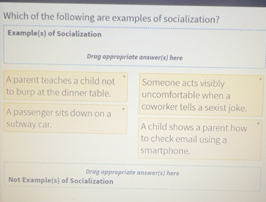 Solved: Which of the following are examples of socialization? Example(s ...
