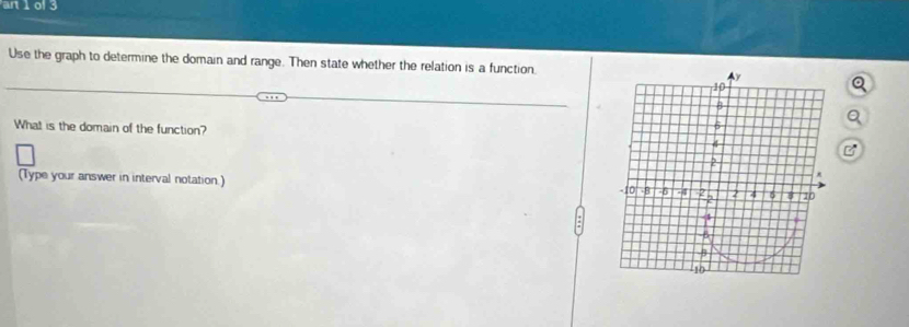 an 1 ol 3 
Use the graph to determine the domain and range. Then state whether the relation is a function. y
10
5
What is the domain of the function? #
2
(Type your answer in interval notation.) 2 2 4 5 B 10. B -6 -4 2
4
-β
10