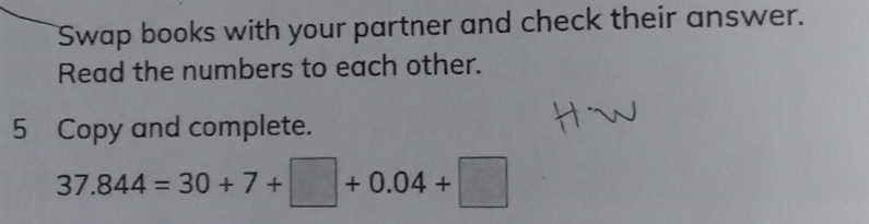 Swap books with your partner and check their answer. 
Read the numbers to each other. 
5 Copy and complete.
37.844=30+7+□ +0.04+□