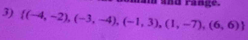 ai and range. 
3)  (-4,-2),(-3,-4),(-1,3),(1,-7),(6,6)