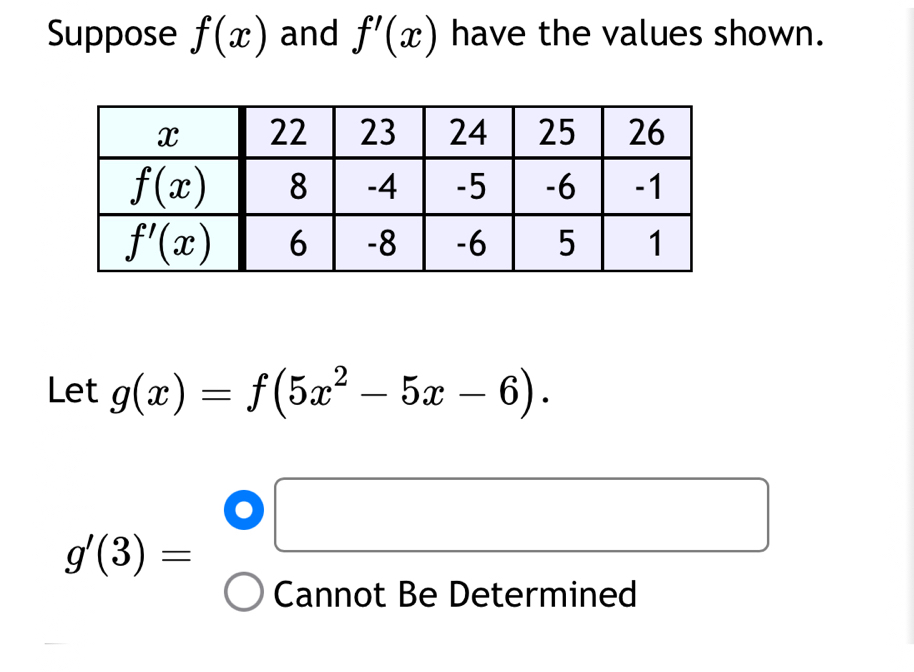 Suppose f(x) and f'(x) have the values shown.
Let g(x)=f(5x^2-5x-6).
Cannot Be Determined