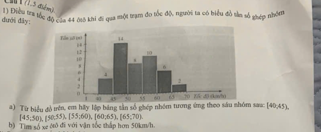 Chú 1 (1,5 điểm). 
1) Điều tra tốc độ của 44 ôtô khi đi qua một trạm đo tốc độ, người ta có biểu đồ tần số ghép nhóm 
đưới đây: 
a) Từ biểu đồ trên, em hãy lập bảng tần số ghép nhóm tương ứng theo sáu nhóm sau: [40;45),
[45;50), [50;55), [55;60), [60;65), [65;70). 
b) Tìm số xe ôtô đi với vận tốc thấp hơn 50km/h.