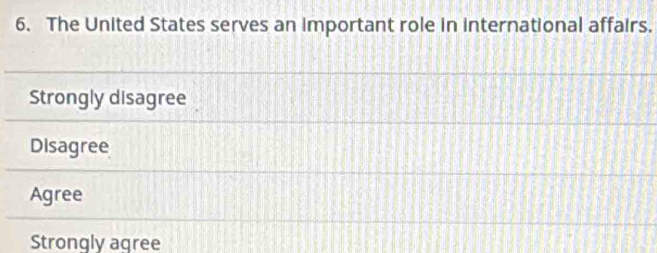 The United States serves an important role in international affairs.
Strongly disagree
Disagree
Agree
Strongly agree