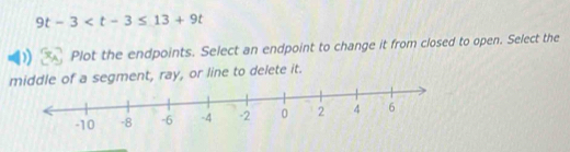 9t-3
Plot the endpoints. Select an endpoint to change it from closed to open. Select the 
middle of a segment, ray, or line to delete it.