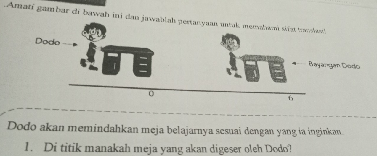 Amati gambar di bawah ini dan jawablah pertanyaan untuk memahami sifat translasi! 
Dodo akan memindahkan meja belajarnya sesuai dengan yang ia inginkan. 
1. Di titik manakah meja yang akan digeser oleh Dodo?