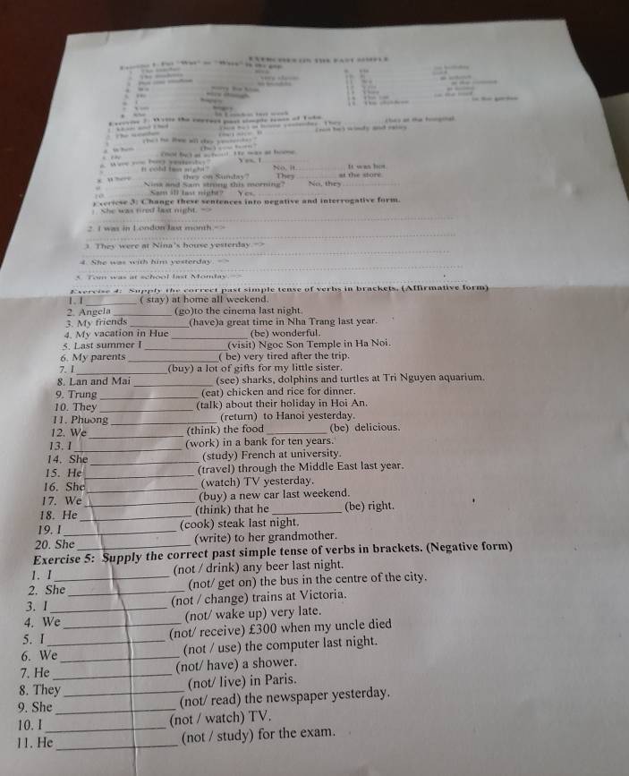 8 : ;”
□,——
. ” _
___
_
,       
. , . .      
   
,
.      …   …                   n t s a hine coedes they    
The snedes           t   s and e ad  c  
the  he lwe wil they yar t ( 1    …
Ot b  at a ho te wa at home
It was hot
n cold ten met ? No,t the__ at the store 
they on Sunday'
Nins and Sam string this morning? Y cs. No, they
Sam ill last night?
. o
) ceriese 3: Change these sentences into negative and interrogative form.
She was fred lae night. -
_
_
2. I was in London laxt month.-
_
3 They were at Nina's house yesterday.-
_
4. She was with him yesterday
_
*  Tom was at school last Momlas
1. 1 Evercise 4: Supply the correct past simple tense of verbs in brackets. (Affirmative form)
( stay) at home all weekend.
2. Angela _(go)to the cinema last night.
3. My friends _(have)a great time in Nha Trang last year.
4. My vacation in Hue _(be) wonderful.
5. Last summer I (visit) Ngoc Son Temple in Ha Noi.
6. My parents ( be) very tired after the trip
7. 1 (buy) a lot of gifts for my little sister.
8. Lan and Mai _(see) sharks, dolphins and turtles at Tri Nguyen aquarium.
9. Trung _(eat) chicken and rice for dinner.
10. They _(talk) about their holiday in Hoi An.
11. Phuong _(return) to Hanoi yesterday.
12. We _(think) the food _(be) delicious.
13. 1 _(work) in a bank for ten years.
14. She _(study) French at university.
15. He_ (travel) through the Middle East last year.
16. She_ (watch) TV yesterday.
17. We (buy) a new car last weekend.
18. He __(think) that he_ (be) right. .
19. 1 _(cook) steak last night.
20. She (write) to her grandmother.
Exercise 5: Supply the correct past simple tense of verbs in brackets. (Negative form)
1. I (not / drink) any beer last night.
2. She_ (not/ get on) the bus in the centre of the city.
3. I (not / change) trains at Victoria.
4. We_ _(not/ wake up) very late.
5. I
(not/ receive) £300 when my uncle died
6. We_ (not / use) the computer last night.
7. He _(not/ have) a shower.
8. They
(not/ live) in Paris.
9. She __(not/ read) the newspaper yesterday.
10. 1 (not / watch) TV.
11. He_ _(not / study) for the exam.