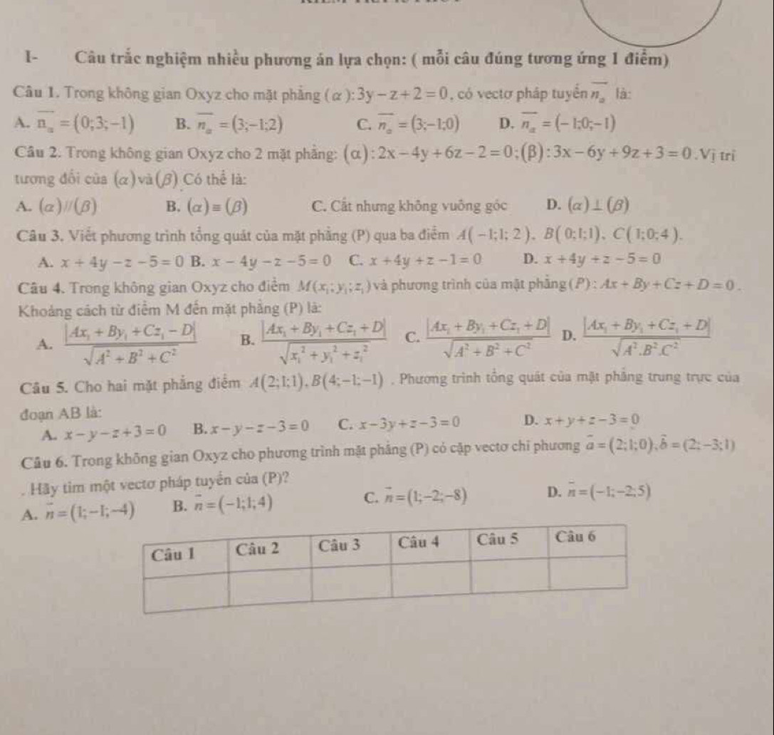 I- Câu trắc nghiệm nhiều phương án lựa chọn: ( mỗi câu đúng tương ứng 1 điểm)
Câu 1. Trong không gian Oxyz cho mặt phẳng (alpha ):3y-z+2=0 , có vectơ pháp tuyển overline n_a là:
A. overline n_a=(0;3;-1) B. overline n_a=(3;-1;2) C. overline n_o=(3;-1;0) D. overline n_a=(-1;0;-1)
Câu 2. Trong không gian Oxyz cho 2 mặt phẳng: (α): 2x-4y+6z-2=0;(beta ):3x-6y+9z+3=0.V_j tri
tương đổi của (α)và(β) Có thể là:
A. (alpha )parallel (beta ) B. (alpha )equiv (beta ) C. Cất nhưng không vuông góc D. (alpha )⊥ (beta )
Câu 3. Viết phương trình tổng quát của mặt phẳng (P) qua ba điểm A(-1;1;2),B(0;1;1),C(1;0;4).
A. x+4y-z-5=0 B. x-4y-z-5=0 C. x+4y+z-1=0 D. x+4y+z-5=0
Câu 4. Trong không gian Oxyz cho điểm M(x_1;y_1;z_1) và phương trình của mật phẫn ing(P):Ax+By+Cz+D=0.
Khoảng cách từ điểm M đến mặt phẳng (P) là:
A. frac |Ax_1+By_1+Cz_1-D|sqrt(A^2+B^2+C^2) B. frac |Ax_1+By_1+Cz_1+D|(sqrt(x_1)^2+y_1^(2+z_1^2)) C. frac |Ax_1+By_1+Cz_1+D|sqrt(A^2+B^2+C^2) D. frac |Ax_1+By_1+Cz_1+D|sqrt(A^2.B^2C^2)
Câu 5. Cho hai mặt phẳng điểm A(2;1;1),B(4;-1;-1) ,. Phương trình tổng quát của mật phẳng trung trực của
đoạn AB là:
A. x-y-z+3=0 B. x-y-z-3=0 C. x-3y+z-3=0 D. x+y+z-3=0
Câu 6. Trong không gian Oxyz cho phương trình mặt pháng (P) có cập vectơ chỉ phương vector a=(2;1;0),vector b=(2;-3;1). Hãy tim một vectơ pháp tuyển của (P)?
D.
A. vector n=(1;-1;-4) B. overline n=(-1;1;4)
C. vector n=(1;-2;-8) overline n=(-1;-2;5)