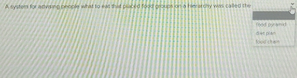 A system for advising people what to eat that placed food groups on a hierarchy was called the
food pyramid
diet plan
food chain