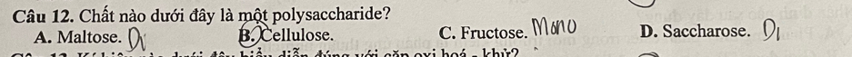 Chất nào dưới đây là một polysaccharide?
A. Maltose. B. Cellulose. C. Fructose. D. Saccharose. D_1
- khử2