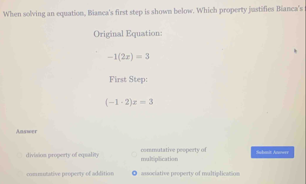 Solved: When solving an equation, Bianca's first step is shown below ...