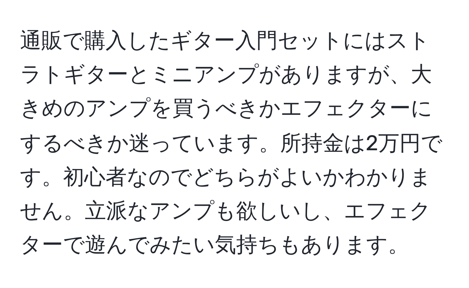 通販で購入したギター入門セットにはストラトギターとミニアンプがありますが、大きめのアンプを買うべきかエフェクターにするべきか迷っています。所持金は2万円です。初心者なのでどちらがよいかわかりません。立派なアンプも欲しいし、エフェクターで遊んでみたい気持ちもあります。