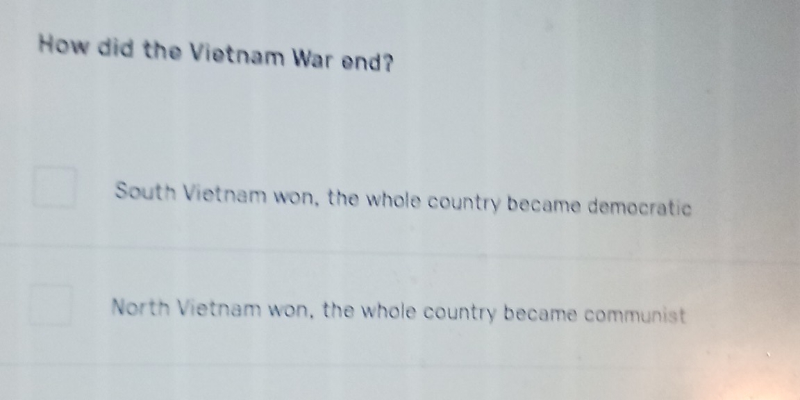 Solved: How did the Vietnam War end? South Vietnam won, the whole ...
