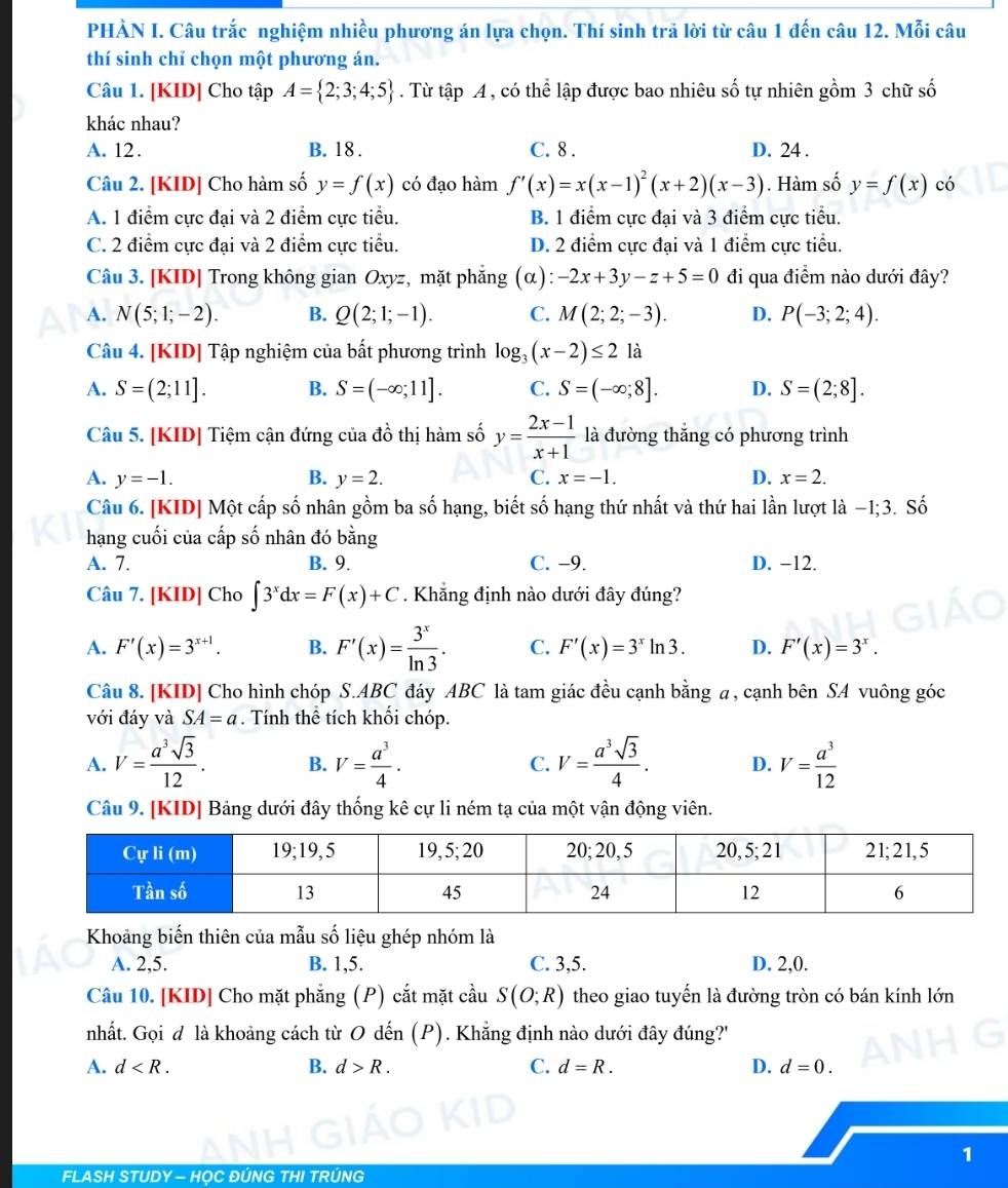 PHÀN I. Câu trắc nghiệm nhiều phương án lựa chọn. Thí sinh trả lời từ câu 1 đến câu 12. Mỗi câu
thí sinh chỉ chọn một phương án.
Câu 1. [KID] Cho tập A= 2;3;4;5. Từ tập A , có thể lập được bao nhiêu số tự nhiên gồm 3 chữ số
khác nhau?
A. 12. B. 18 . C. 8 . D. 24 .
Câu 2. [KID] Cho hàm số y=f(x) có đạo hàm f'(x)=x(x-1)^2(x+2)(x-3). Hàm số y=f(x) có
A. 1 điểm cực đại và 2 điểm cực tiểu. B. 1 điểm cực đại và 3 điểm cực tiểu.
C. 2 điểm cực đại và 2 điểm cực tiểu. D. 2 điểm cực đại và 1 điểm cực tiểu.
Câu 3. [KID] Trong không gian Oxyz, mặt phẳng (α): -2x+3y-z+5=0 đi qua điểm nào dưới đây?
A. N(5;1;-2). B. Q(2;1;-1). C. M(2;2;-3). D. P(-3;2;4).
Câu 4. [KID] Tập nghiệm của bất phương trình log _3(x-2)≤ 2 là
A. S=(2;11]. B. S=(-∈fty ;11]. C. S=(-∈fty ;8]. D. S=(2;8].
Câu 5. [KID] Tiệm cận đứng của đồ thị hàm số y= (2x-1)/x+1  là đường thắng có phương trình
A. y=-1. B. y=2. C. x=-1. D. x=2.
Câu 6. [KID] Một cấp số nhân gồm ba số hạng, biết số hạng thứ nhất và thứ hai lần lượt là −1;3. Số
hạng cuối của cấp số nhân đó bằng
A. 7. B. 9. C. −9. D. −12.
Câu 7. [KID] Cho ∈t 3^xdx=F(x)+C. Khẳng định nào dưới đây đúng?
A. F'(x)=3^(x+1). B. F'(x)= 3^x/ln 3 . C. F'(x)=3^xln 3. D. F'(x)=3^x.
Câu 8. [KID] Cho hình chóp S.ABC đáy ABC là tam giác đều cạnh bằng a , cạnh bên SA vuông góc
với đáy và SA=a. Tính thể tích khối chóp.
A. V= a^3sqrt(3)/12 . B. V= a^3/4 . C. V= a^3sqrt(3)/4 . D. V= a^3/12 
Câu 9. [KID] Bảng dưới đây thống kê cự li ném tạ của một vận động viên.
Khoảng biến thiên của mẫu số liệu ghép nhóm là
A. 2,5. B. 1,5. C. 3,5. D. 2,0.
Câu 10. [KID] Cho mặt phẳng (P) cắt mặt cầu S(O;R) theo giao tuyến là đường tròn có bán kính lớn
nhất. Gọi d là khoảng cách từ O dến (P). Khẳng định nào dưới đây đúng?''
A. d B. d>R. C. d=R. D. d=0.
1
FLASH STUDY — HOC ĐÚNG THI TRÚNG